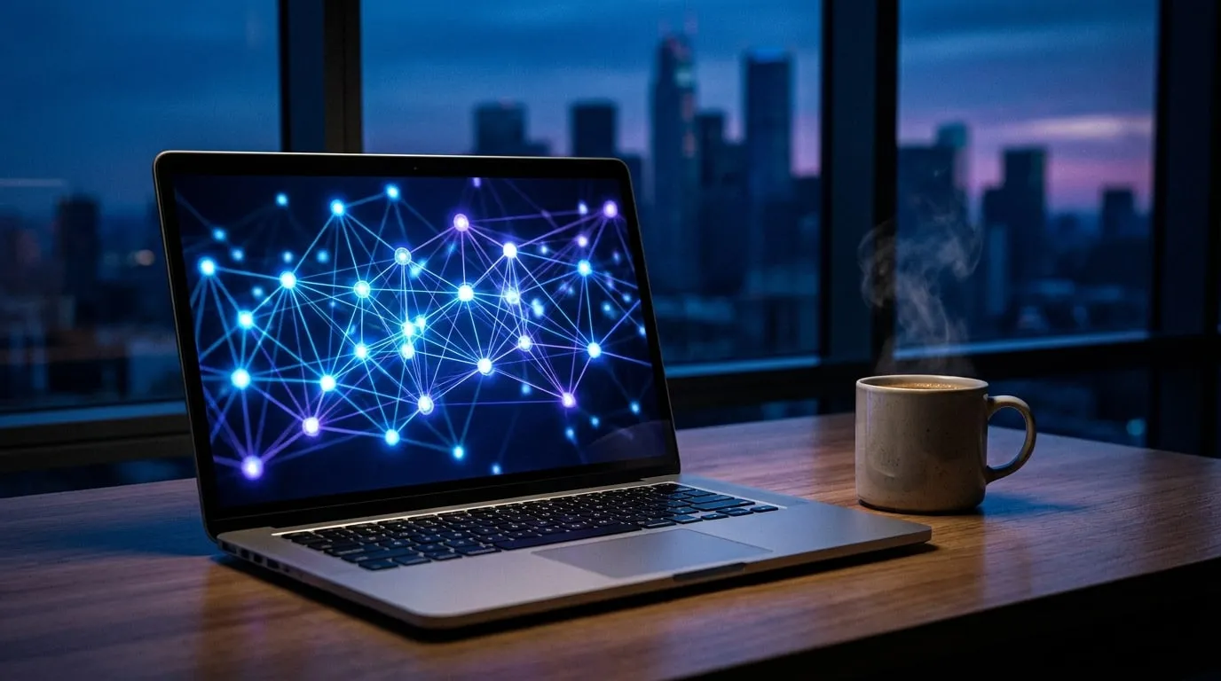 Laptop z siecią świecących, połączonych węzłów i kubek kawy przy oknie