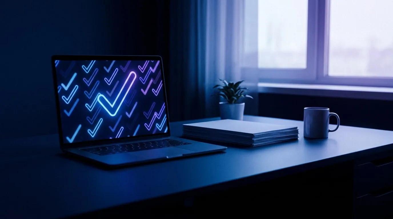 Laptop ze świecącymi znacznikami zatwierdzenia obok równego stosu dokumentów