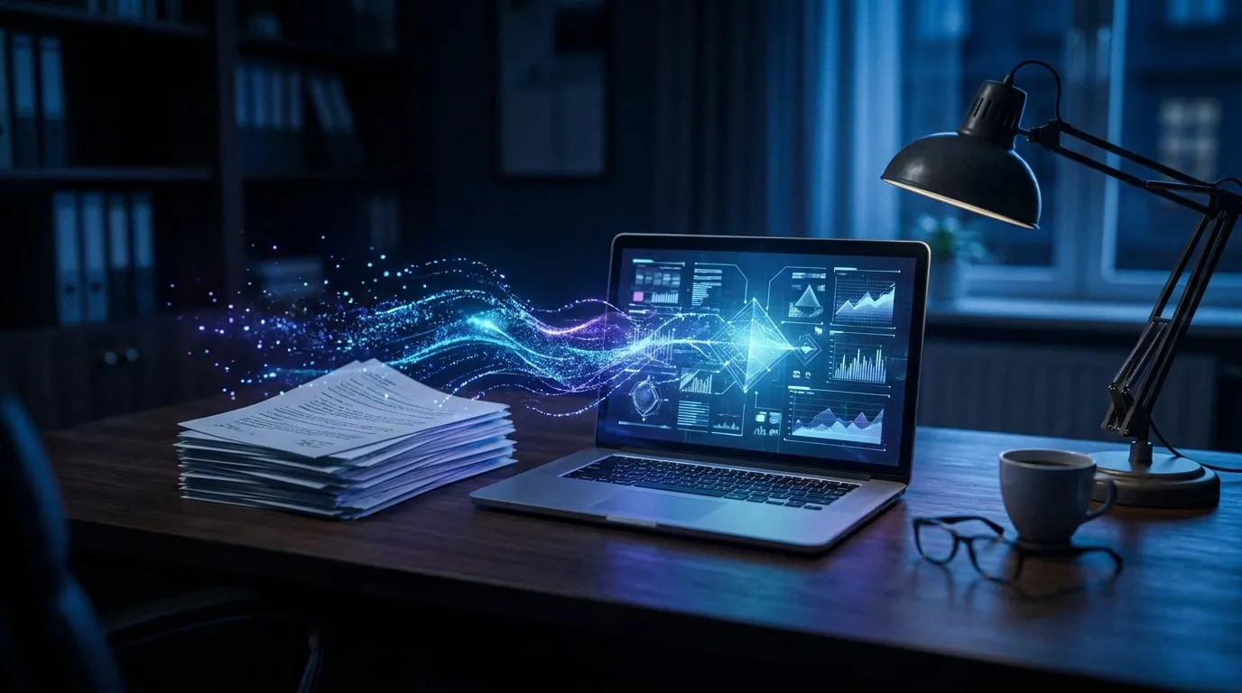 Stos faktur zamieniający się w strumień danych płynący do laptopa