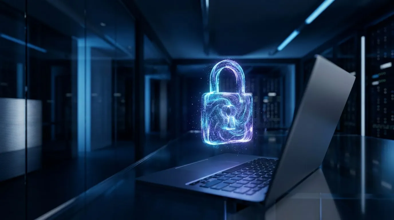 Świecąca cyfrowa kłódka nad klawiaturą laptopa